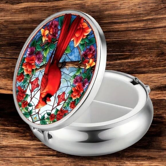 Red Cardinal Bird Pill Box Medicine Mini Stainless Steel Case Mirrored Travel - Picture 2 of 7